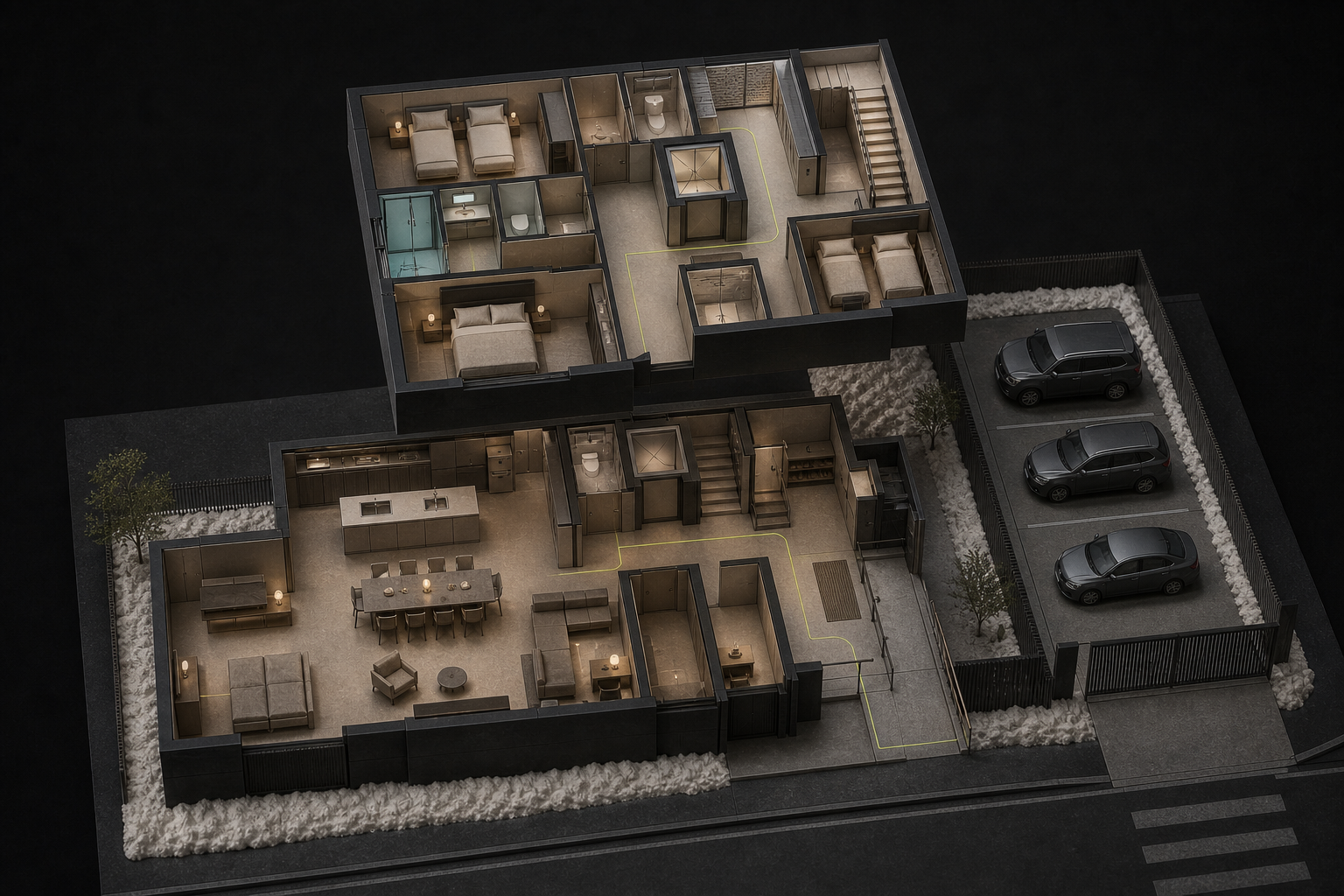 A dark architectural model of a two-level accessible lodging plan with bedrooms, shared living space, workspaces, a lift, dog-run areas, and parking.