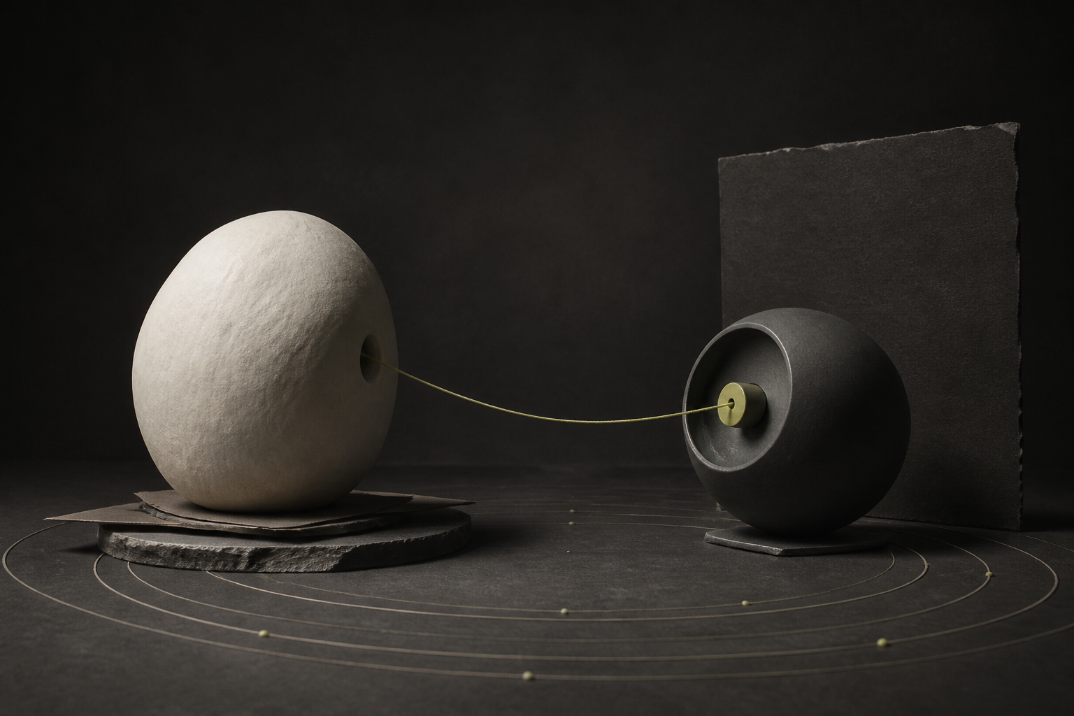 Two tactile forms connected by a fine thread and concentric memory traces.
